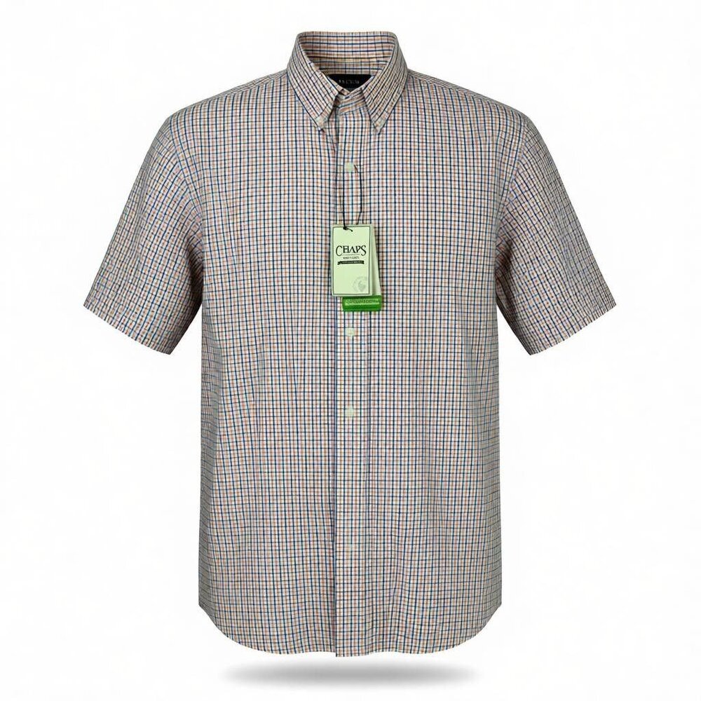 Chaps Mens Large Stretch Easy Care Multicolor Check Shirt Short Sleeve NEW